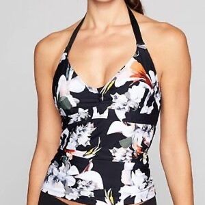 Athleta Tara Halter Tankini Top Black Floral Print